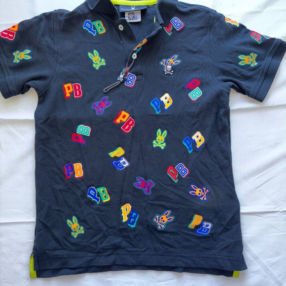 Kids' Psycho Bunny All Over Print Short Sleeve Polo Logo Navy Size M